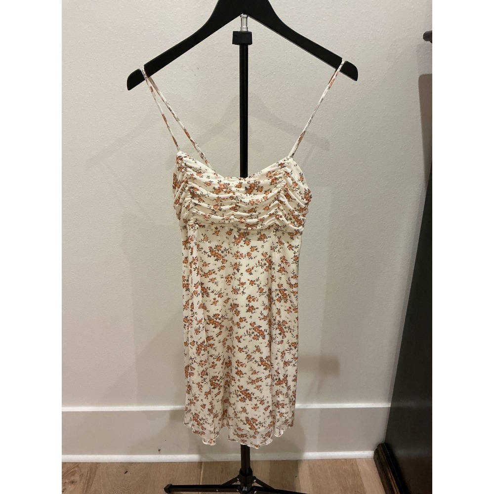 Kirious Los Angeles Floral Mesh Mini Dress Cream Orange Ruched Sweetheart Small
